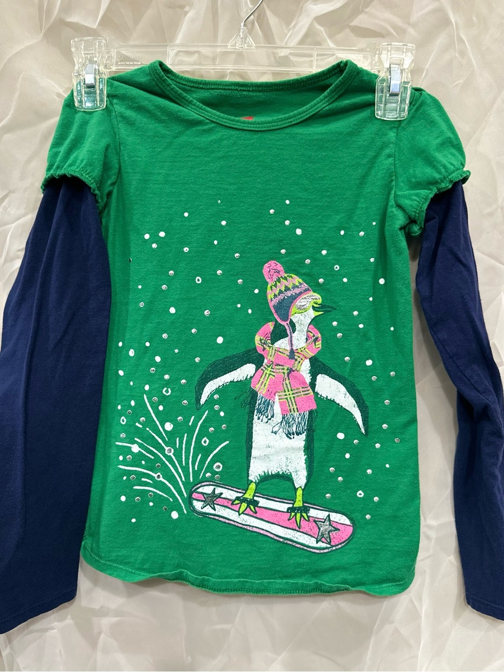 Hanes Green & Navy Penguin Graphic Layered-Look One Piece Long Sleeve Tee